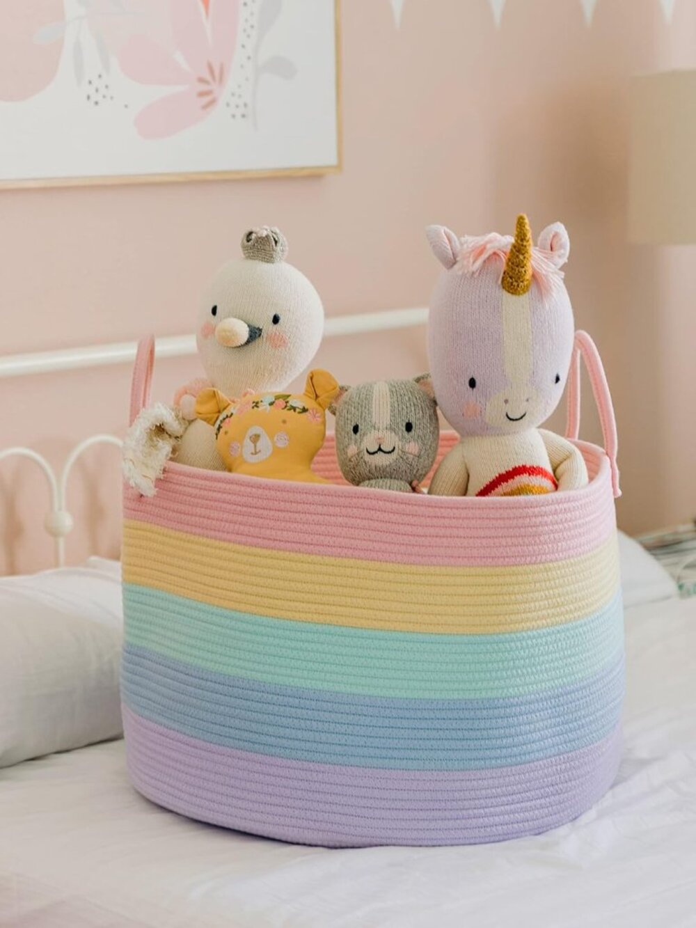 Rainbow Toy Basket & Blanket Storage Bin, Nursery 20x13" | Rainbow Pastel - Roun - Picture 5 of 8